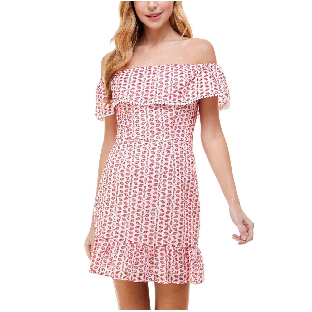 CITY STUDIO White/Red Eyelet Off Shoulder Fit + Flare Mini Dress Juniors 5 - NWT